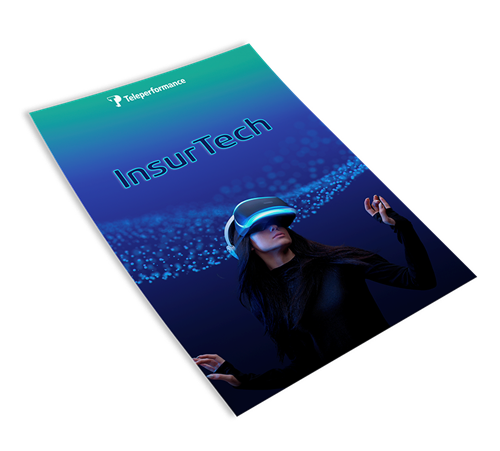 a person wearing a virtual reality headset interacts with a digital interface. the text "TP insurtech" is displayed above, set against a gradient blue background with particle designs.
