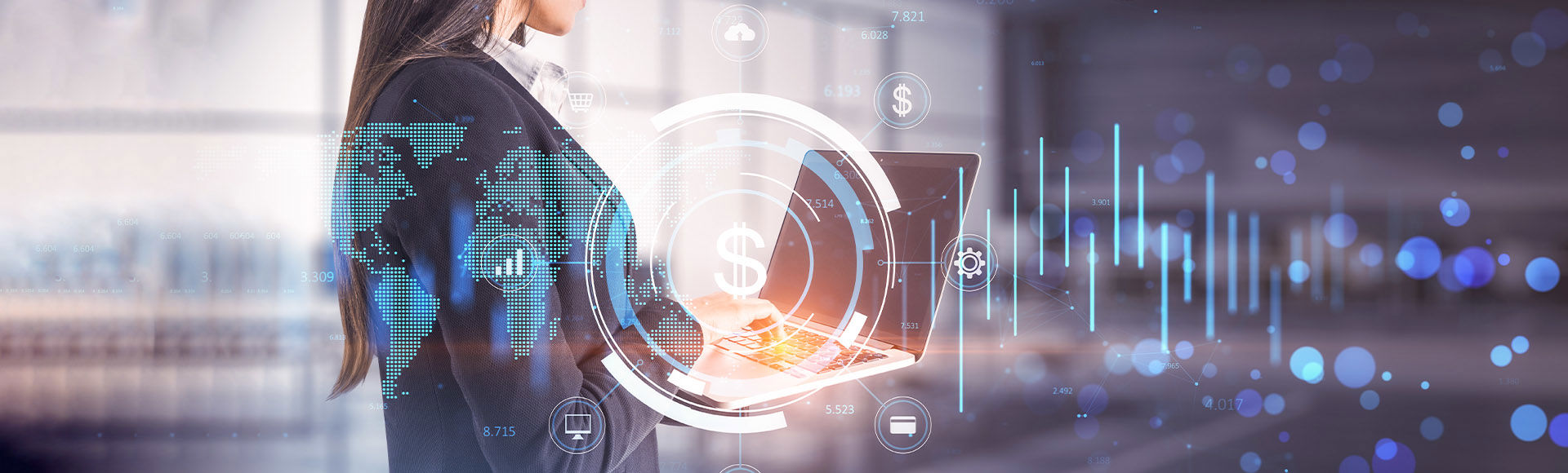 A businesswoman uses a laptop, surrounded by glowing fintech and global digital data overlays