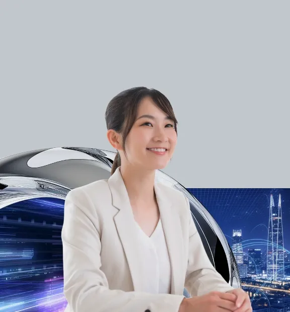 A confident professional woman smiles against a futuristic cityscape backdrop