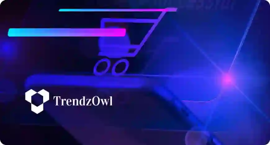 Person shopping online through a cellphone while a 3D shopping trolley pops out of the screen