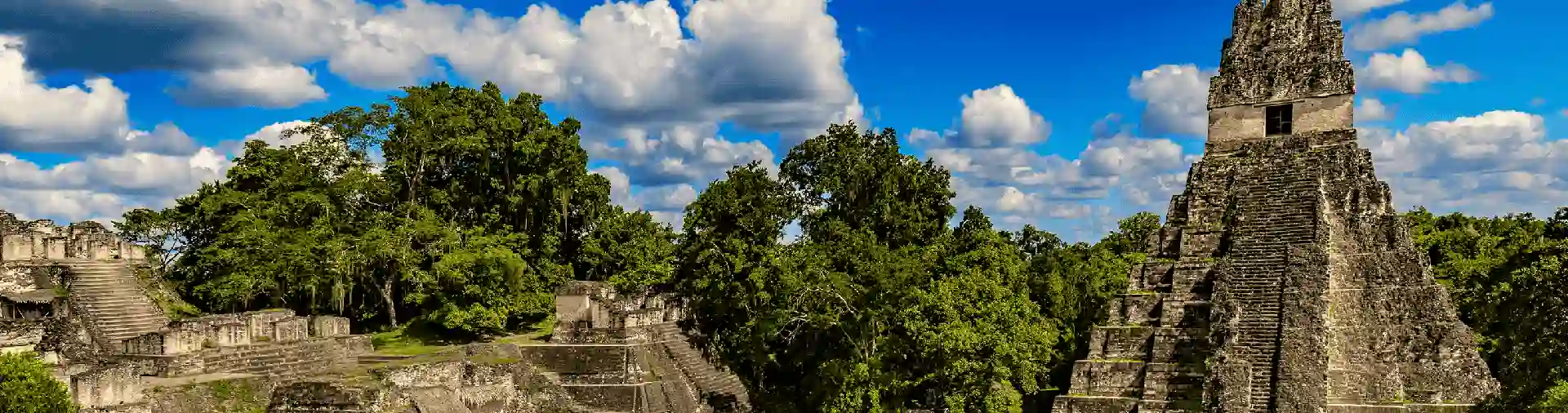 Antiguas pirámides de piedra se alzan altas y silenciosas entre frondosos árboles verdes, bajo un cielo azul brillante lleno de nubes blancas esponjosas.