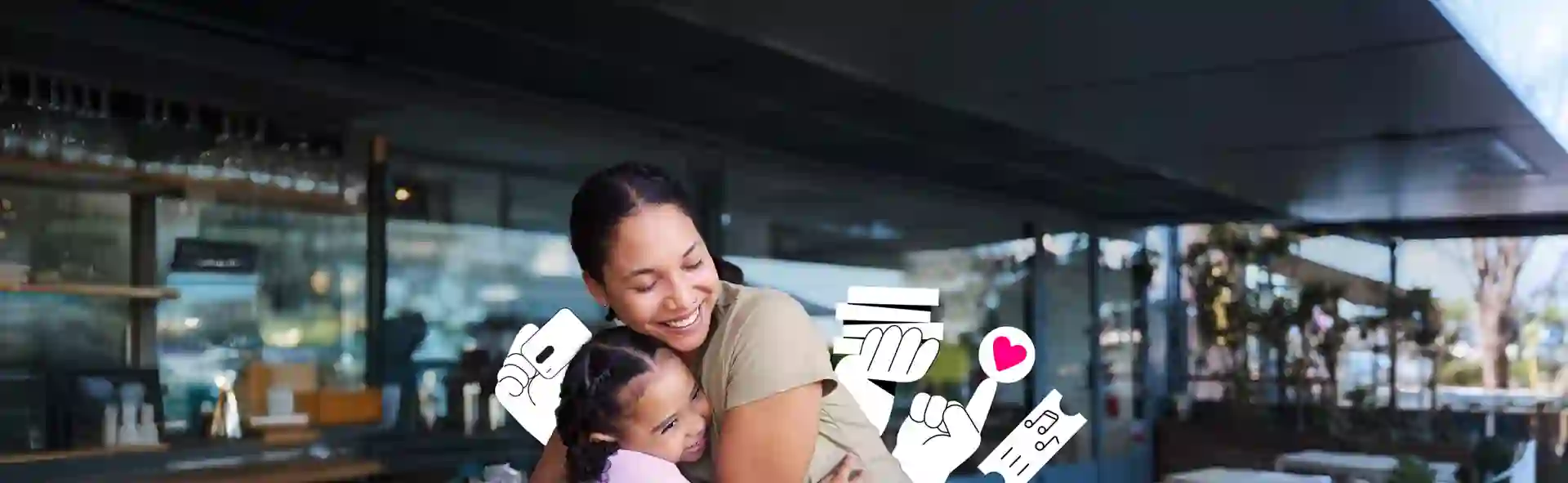 Mother hugging her daughter outside a café, with playful white and pink illustrations surrounding them.