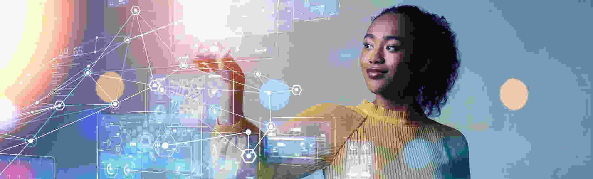 Young woman interacting with floating 3D digital elements, symbolizing the bridge between Agentic AI and the human touch in redefining customer experience.