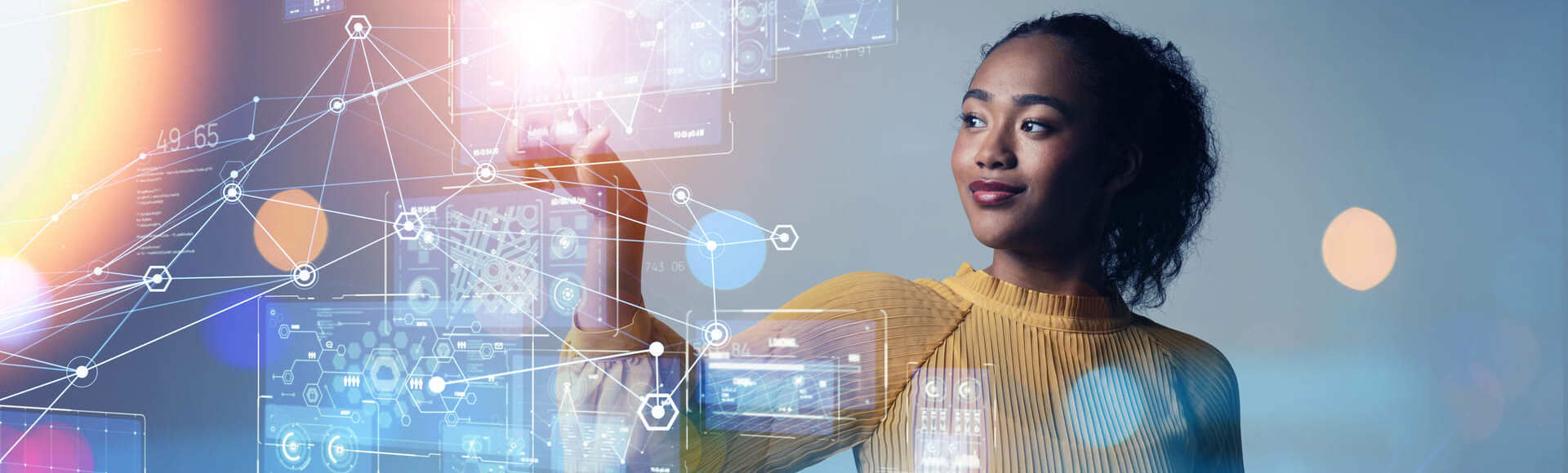 Young woman interacting with floating elements, symbolizing the bridge between AI and human touch