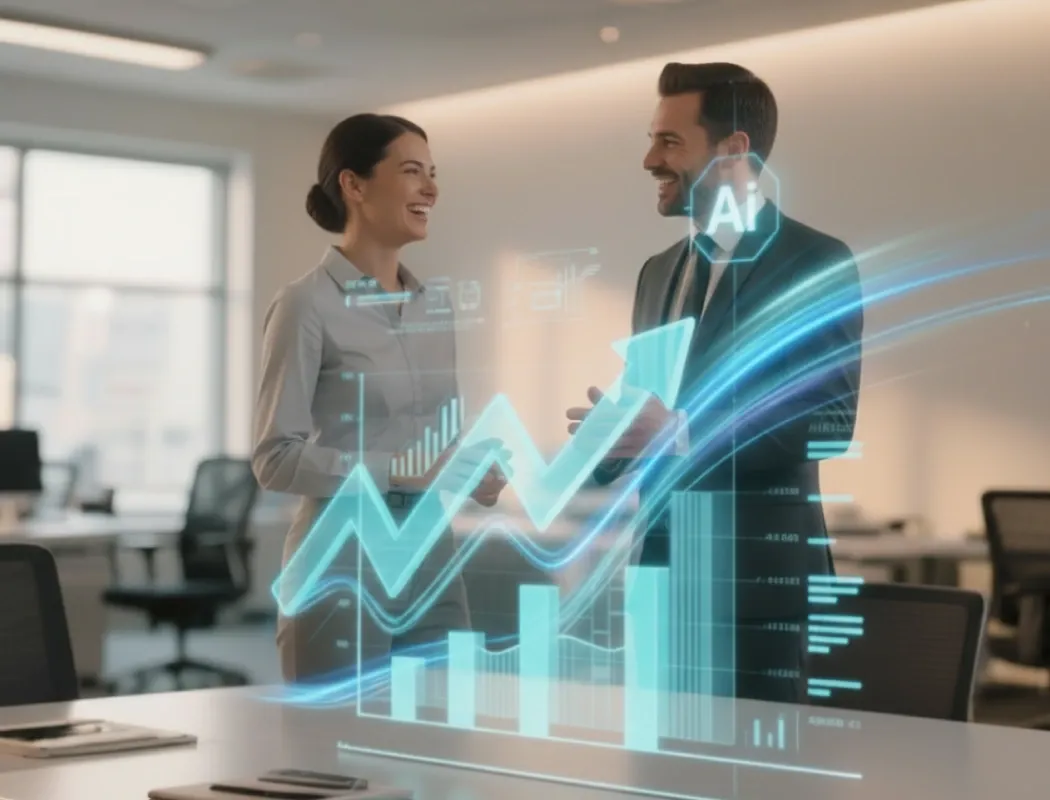 A man and a woman are having a pleasant conversation in a professional setting.