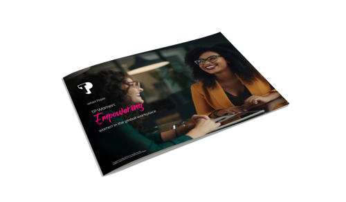 A white paper mockup depicting two business woman carrying a conversation