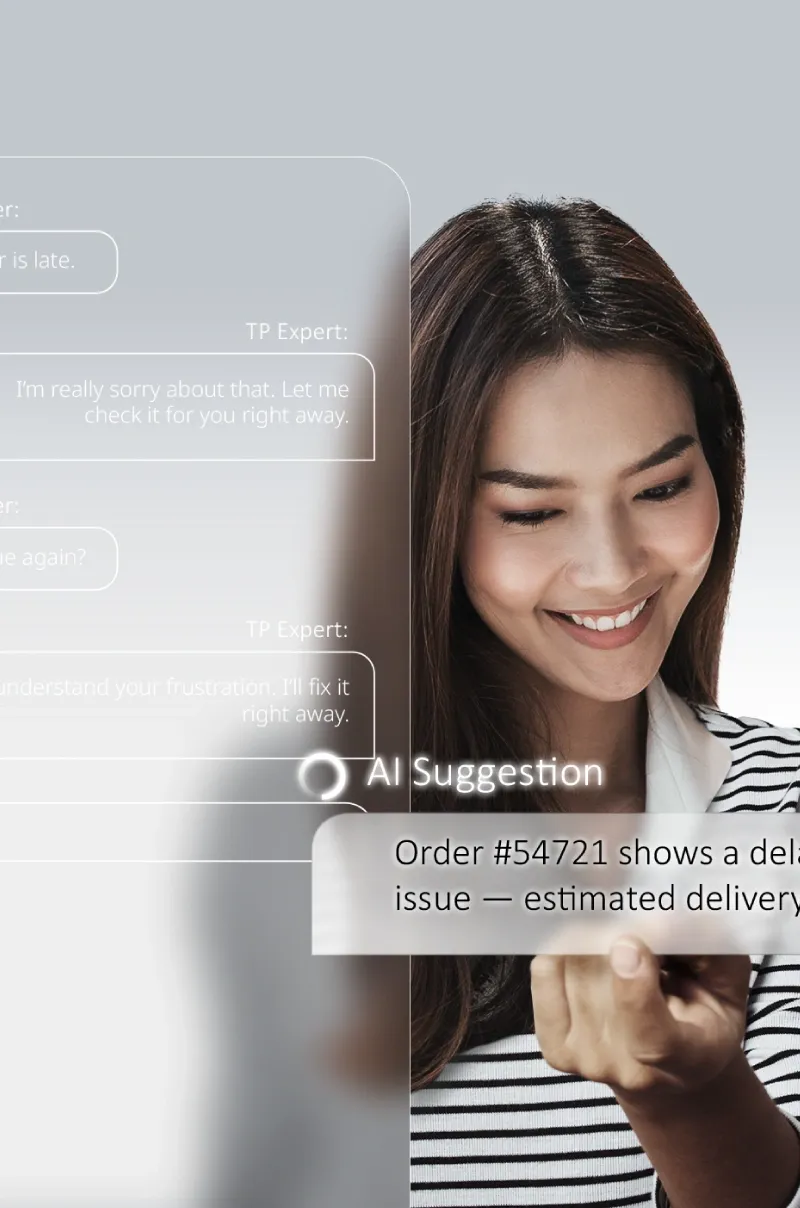 A customer service agent uses AI-powered support tools to assist clients.