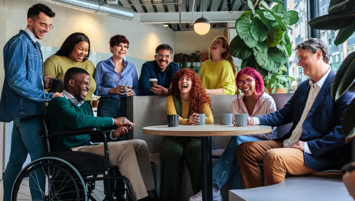 Diverse team enjoying a positive moment together at work.