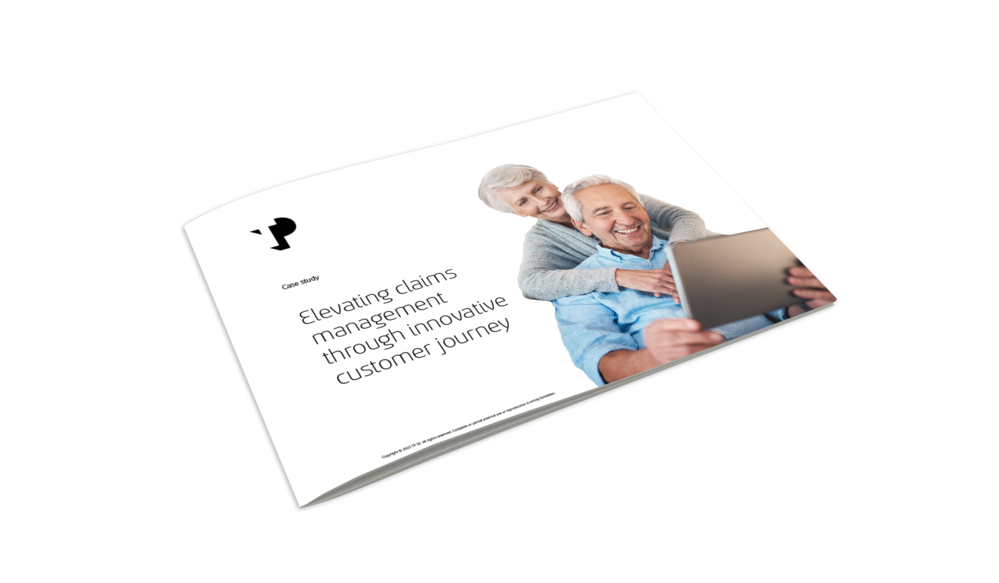 Mockup of a case study on elevating claims management through innovation, featuring a smiling elderly couple.