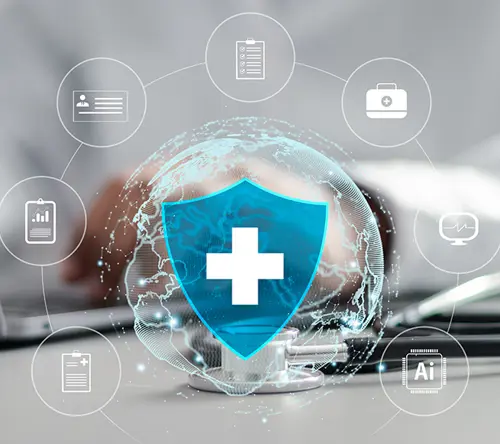 Digital healthcare security illustration showing a glowing shield with a medical cross over a transparent globe, surrounded by healthcare and technology icons on a desk with a laptop and stethoscope.