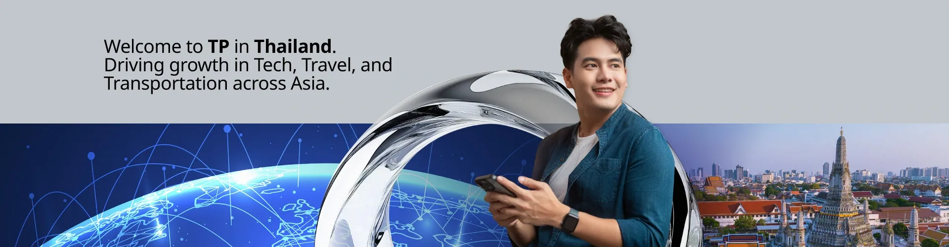 TP in Thailand banner featuring a young man with a message of growth and innovation across Asia.