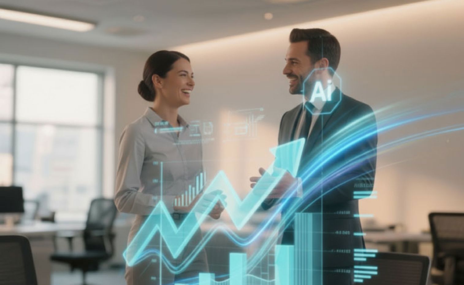 Man and woman talking in an office with TP Revenue as a Service visual showing RaaS accelerating B2B sales with AI.