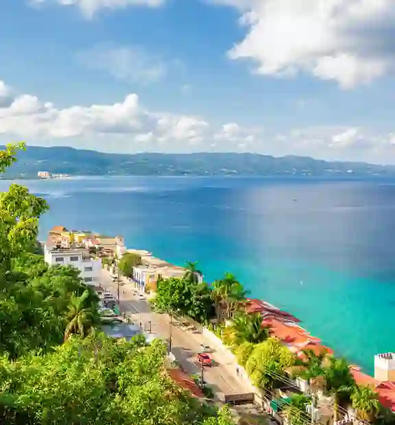 Aerial view of a coastal town in Jamaica
