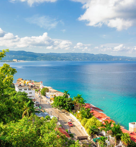 Aerial view of a coastal town in Jamaica