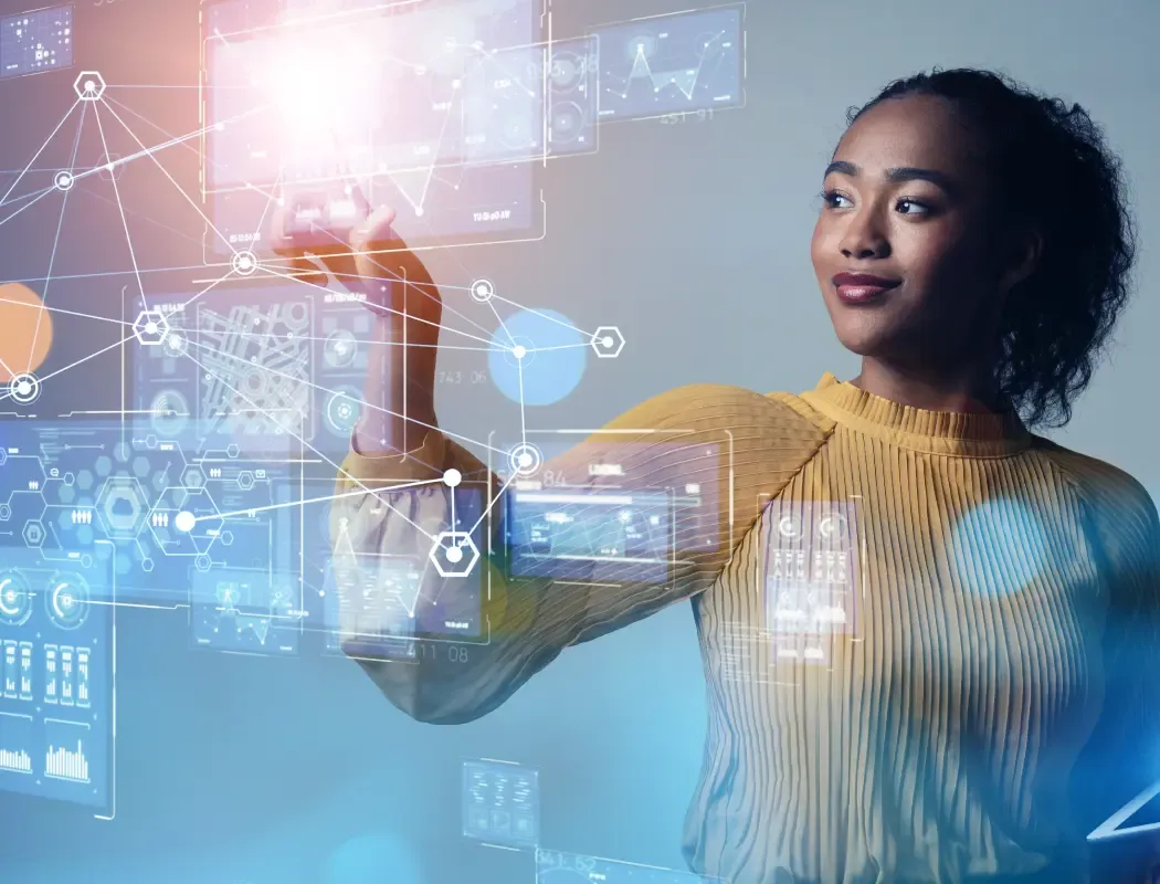 a woman with curly hair，and she's finger touch on the data wall