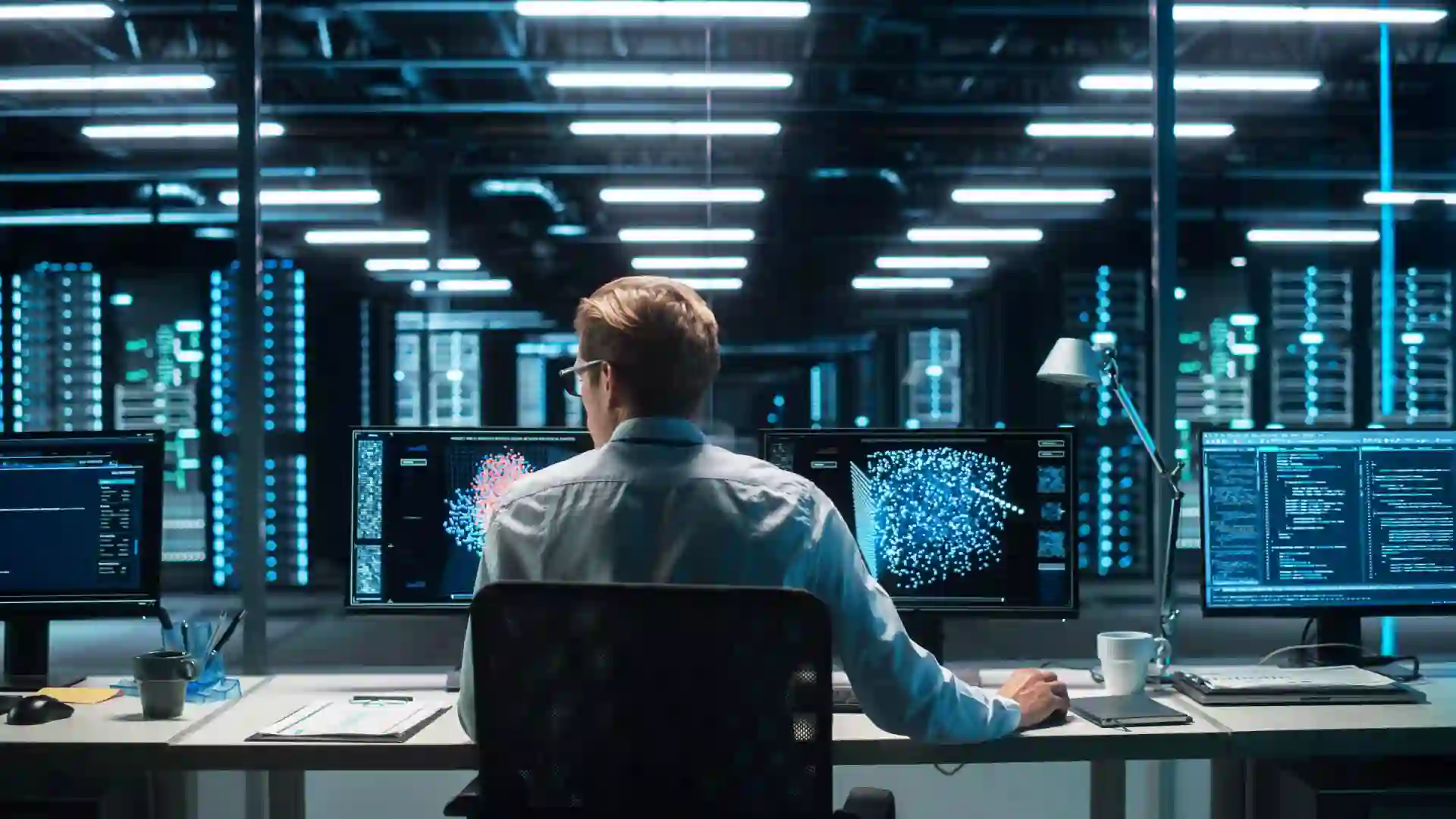 IT specialist monitoring data visualizations and code on multiple screens in a modern data center.