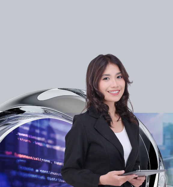 A confident female professional in a black blazer holds a tablet, smiling against a modern urban backdrop