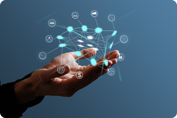 Hands holding 3D technological objects