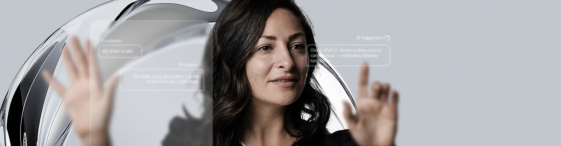 Woman interacting with transparent digital interface displaying AI-generated customer suggestions.