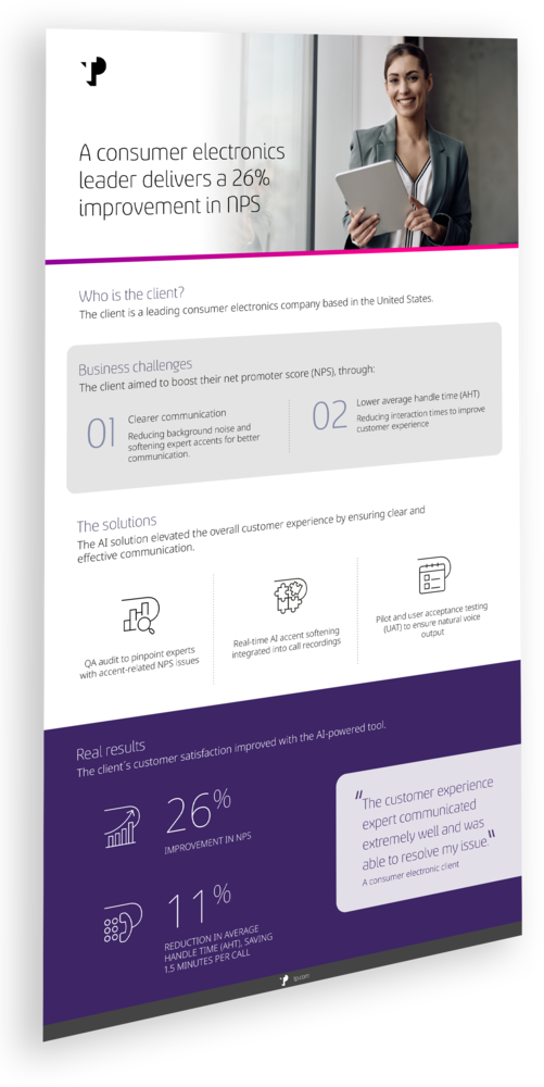 Mockup of a case study on a consumer electronics leader achieving a 26% improvement in NPS.