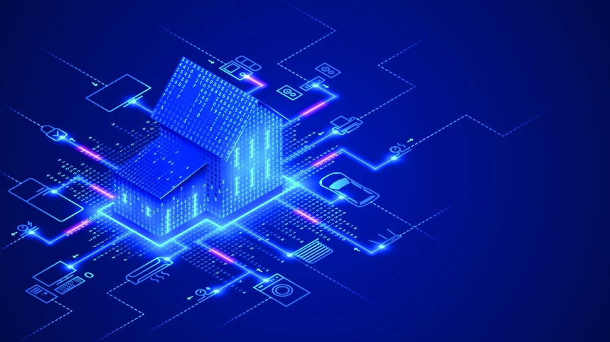 a digital house emits data streams, representing connectivity. surrounded by icons of appliances, devices, and a car, it symbolizes a smart home network on a blue background. a digital house emits data streams, representing connectivity. surrounded by icons of appliances, devices, and a car, it symbolizes a smart home network on a blue background.