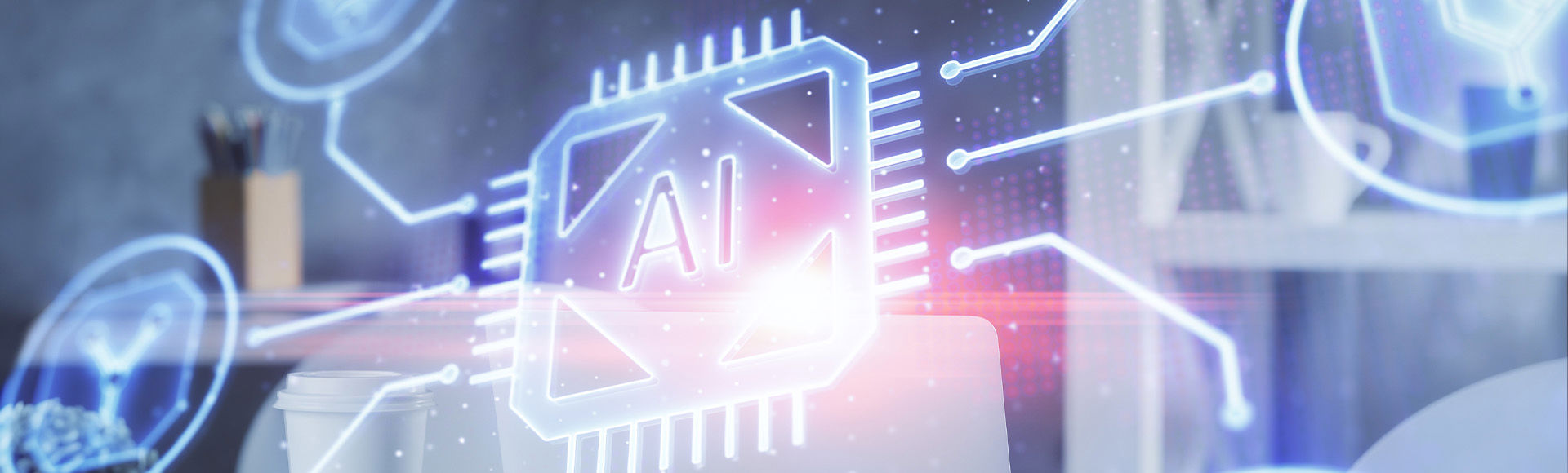 A glowing AI chip icon overlays a modern office background.