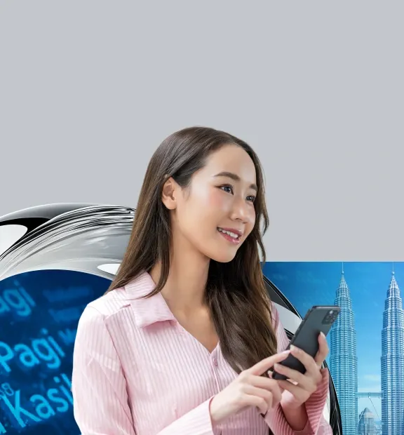 Connected and empowered: A professional woman navigates her smartphone, set against a dynamic blend of modern design and Malaysia’s skyline, reflecting the pulse of digital connectivity in the region.