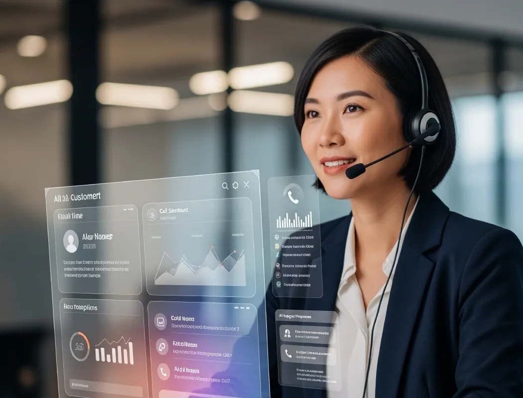 A customer service agent uses futuristic AI-powered call center dashboards
