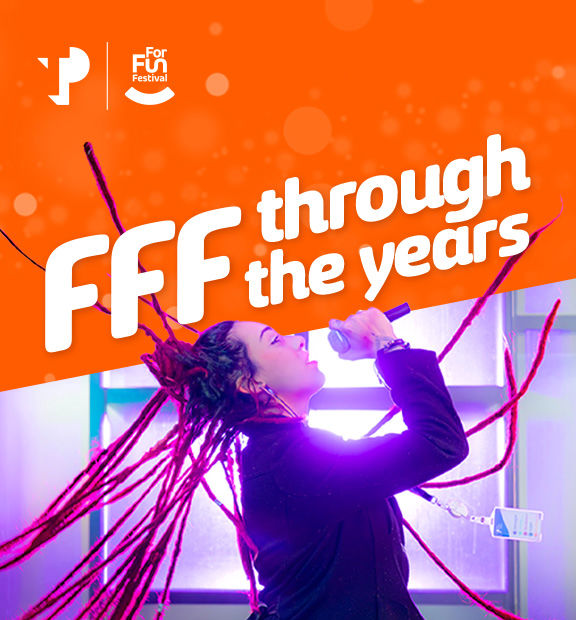 TP For Fun Festival banner with the phrase “FFF through the years” and a singer holding a microphone with long braids.