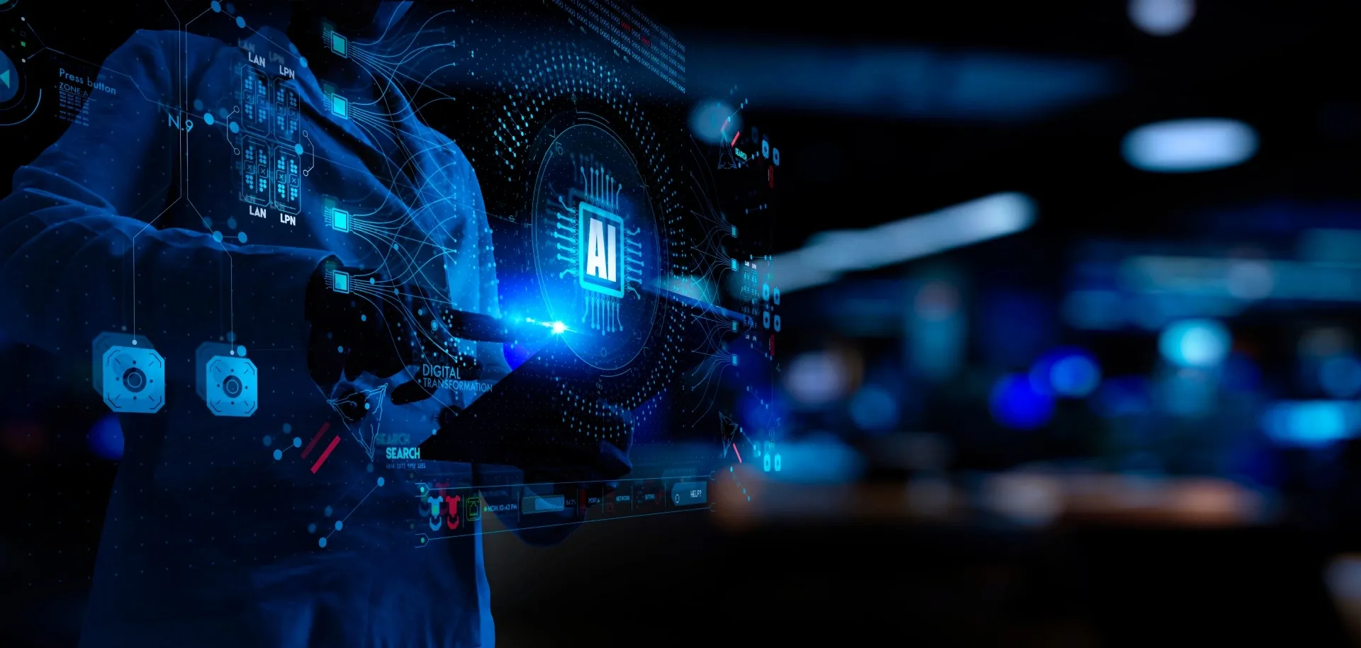 Person using digital interface with AI hologram in a dark tech environment.