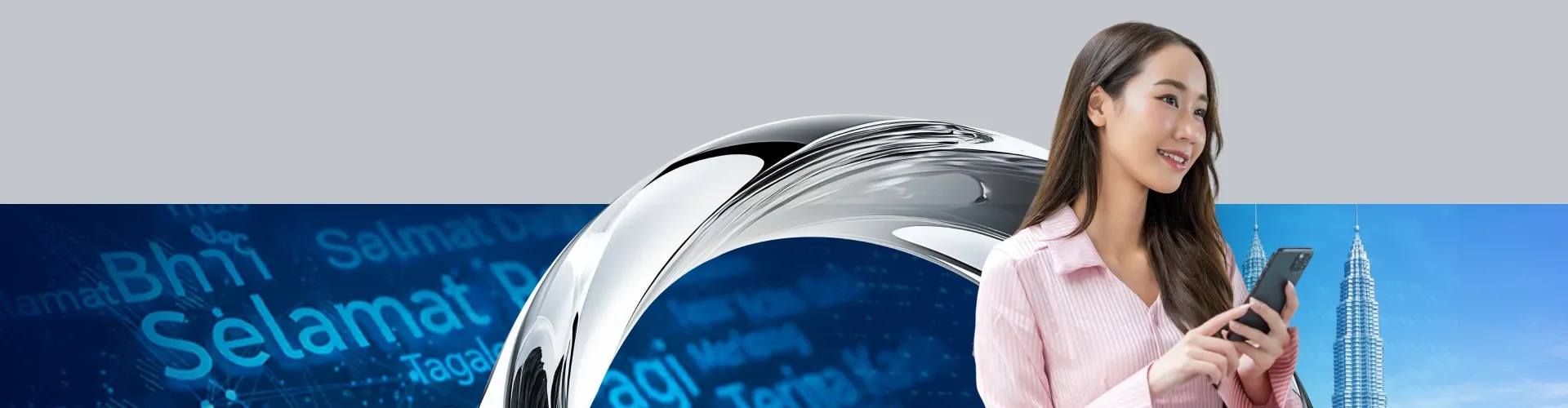 Connected and empowered: A professional woman navigates her smartphone, set against a dynamic blend of modern design and Malaysia’s skyline, reflecting the pulse of digital connectivity in the region.