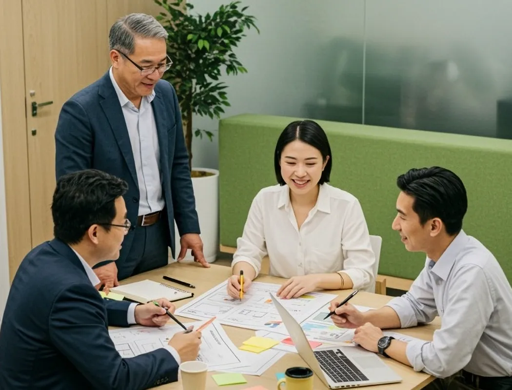 A team of professional colleagues collaborates enthusiastically around a table in a modern office, discussing projects with documents and a laptop.