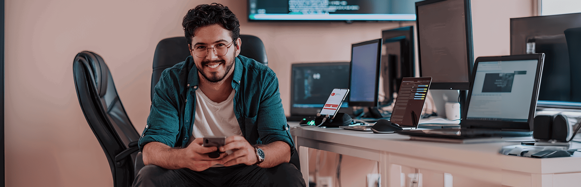 A young man working on different screens, sitting in a comfortable chair holding a mobile phone in his hands