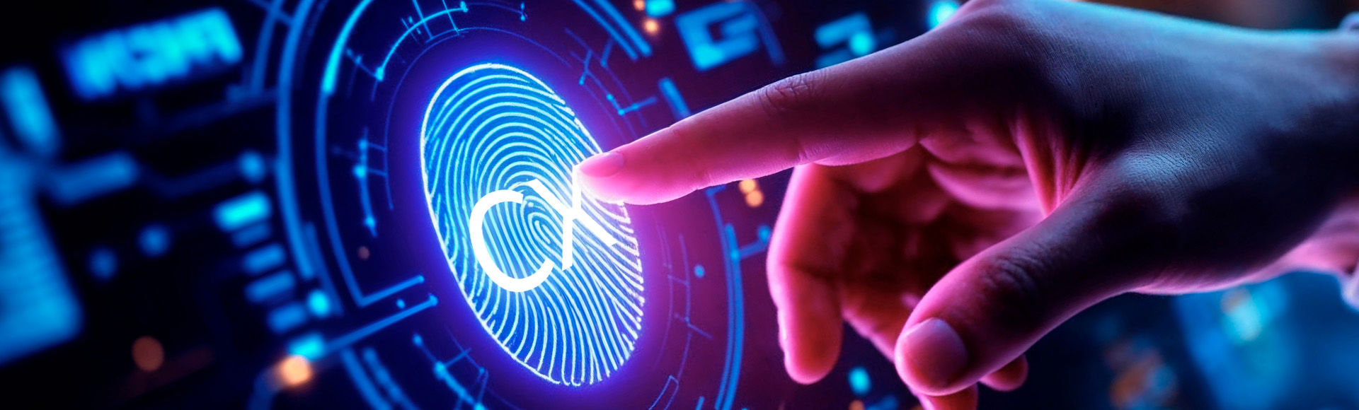 A hand touches a glowing "CX"-labeled fingerprint on a futuristic digital interface, symbolizing biometric security and advanced customer experience technology.