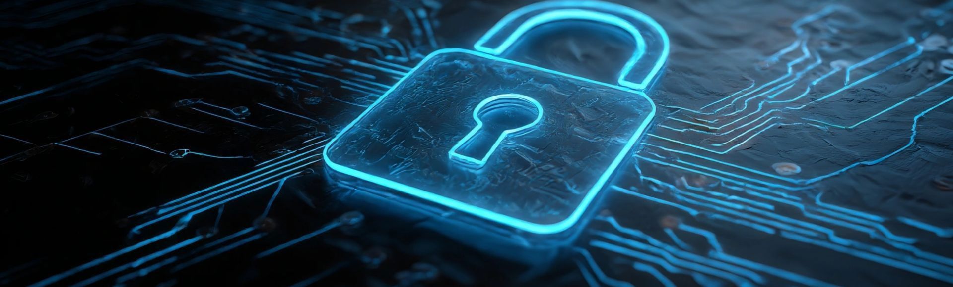 A glowing digital padlock sits atop circuit board patterns.