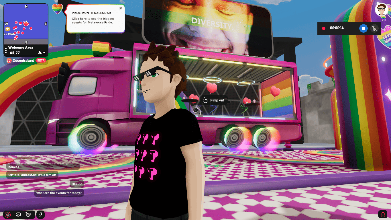 3D avatar wearing sunglasses and a black T-shirt with pink logos standing in front of a bright pink truck decorated with rainbow flags and glowing wheels during a Pride Month celebration in the metaverse.