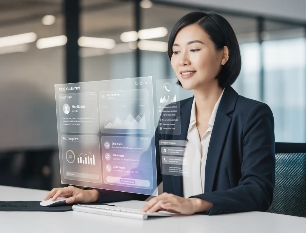 Professional working on a computer with a 3D dashboard overlay, illustrating TP’s MindAI solution.