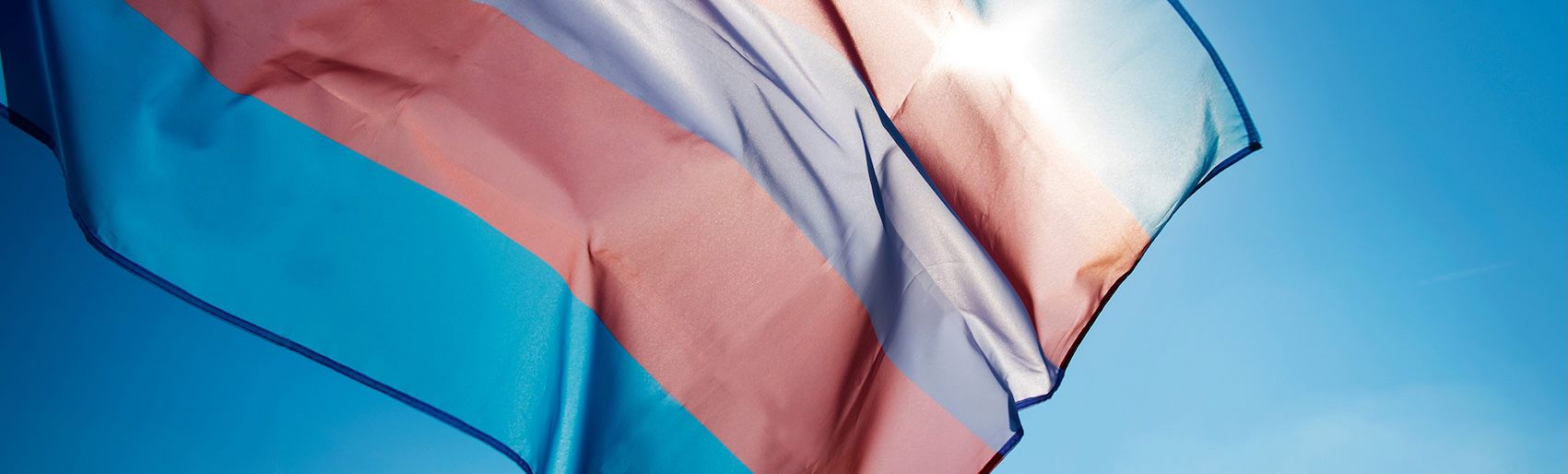Bandera con franjas celeste, azul y blanca ondeando al viento, símbolo de visibilidad, identidad y diversidad.
