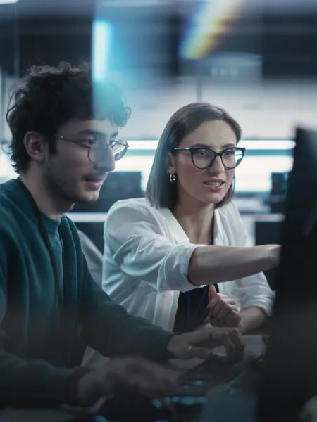 Two colleagues collaborating at a desk, reflecting process excellence.