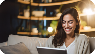 Smiling woman on her living room browsing tablet