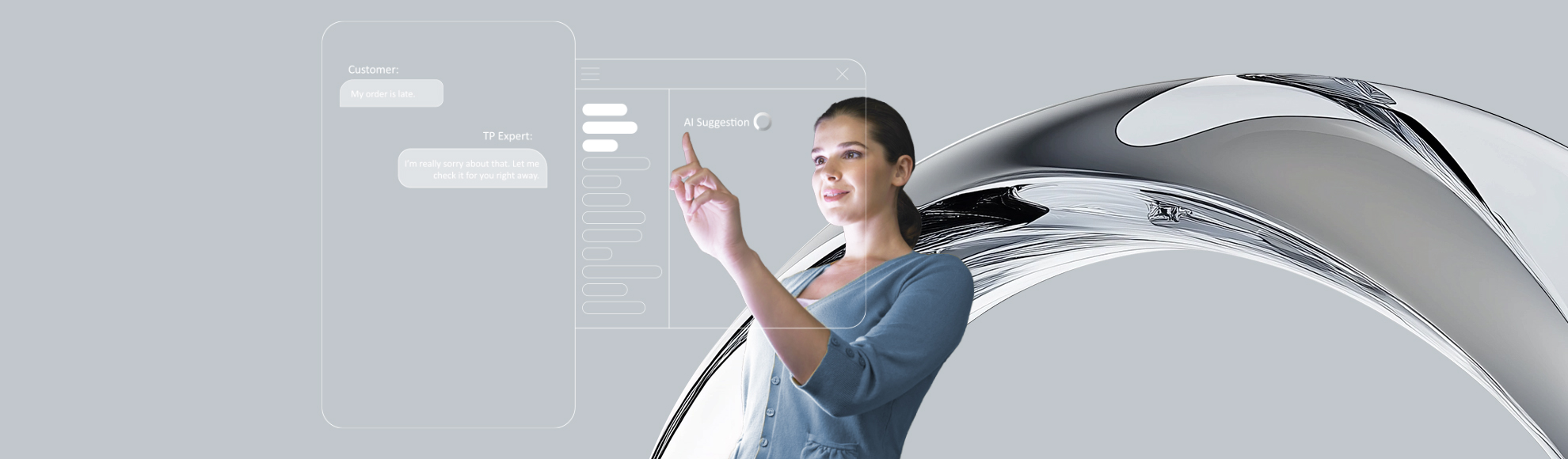 Business professional engaging with an orchestrated AI digital interface.