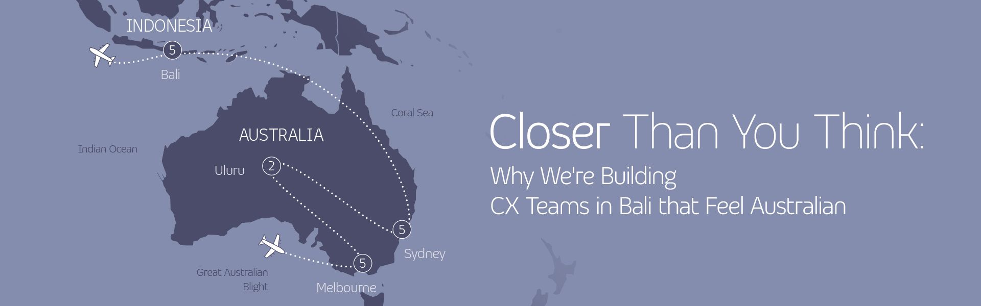 Map showing flight routes between Australia and Bali with TP message about building CX teams in Bali.