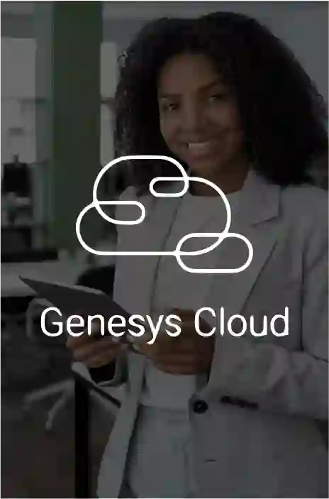 Genesys cloud logo in focus and image of a business woman in the back