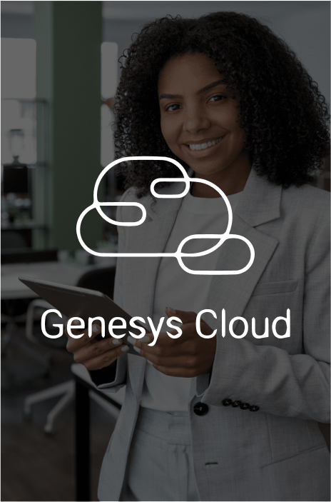 Genesys cloud logo in focus and image of a business woman in the back Genesys cloud logo in focus and image of a business woman in the back