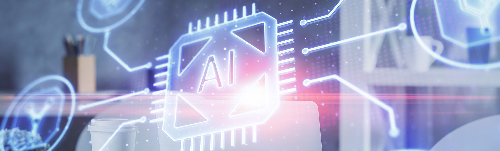 A glowing AI chip icon overlays a modern office background.