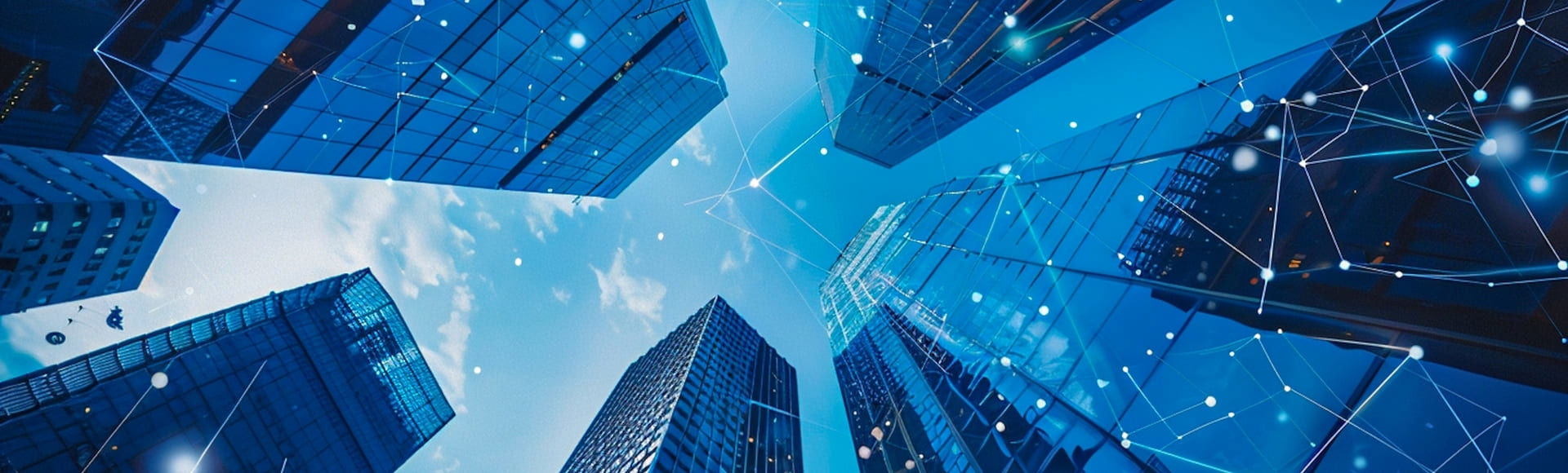 Modern city skyscrapers appearing interconnected through advanced technology.