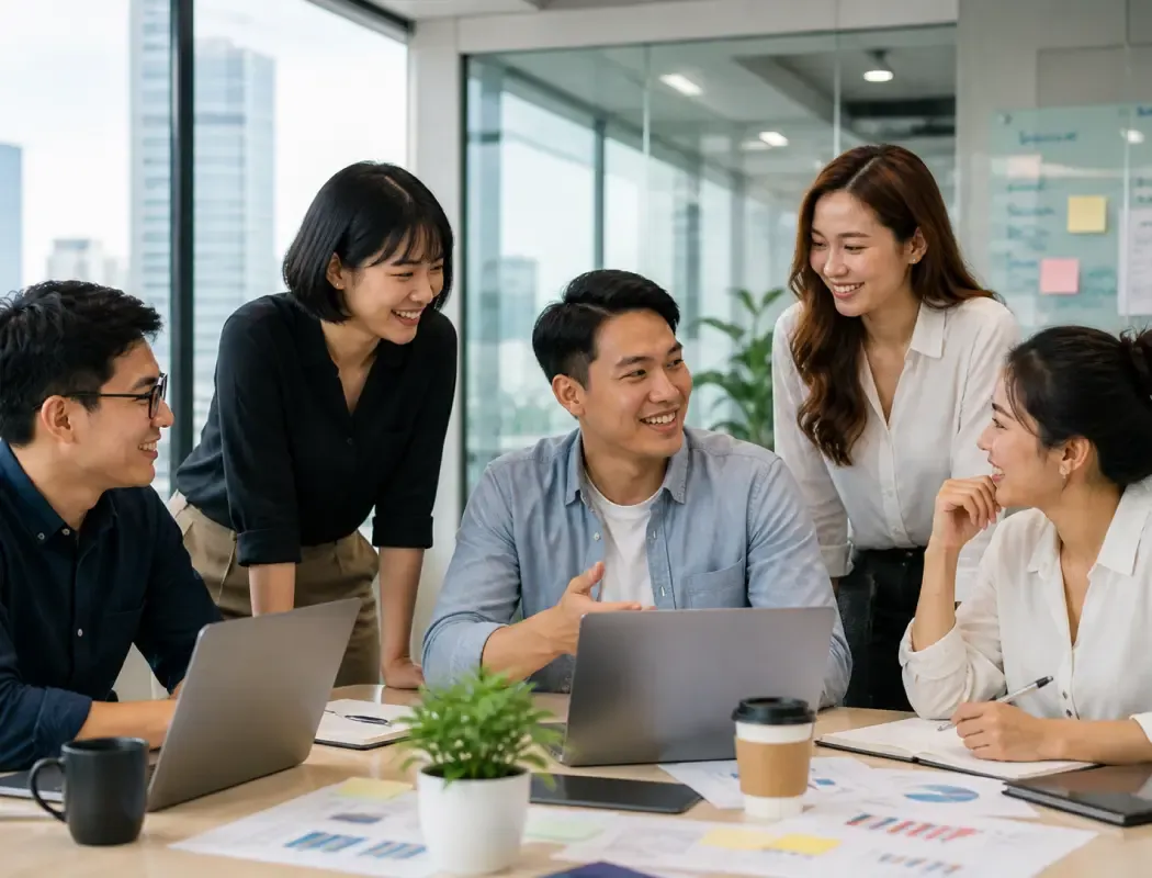 A team of five Asian colleagues happily discusses work in a bright office.