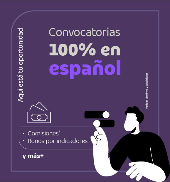 Banner de empleo que promociona convocatorias 100% en español con comisiones, bonos y más en TP.