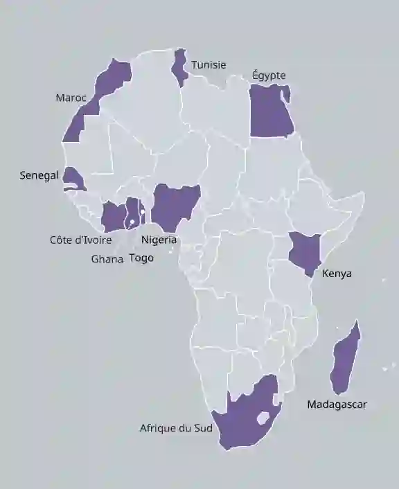 Carte de l’Afrique mettant en évidence la présence de TP dans onze pays