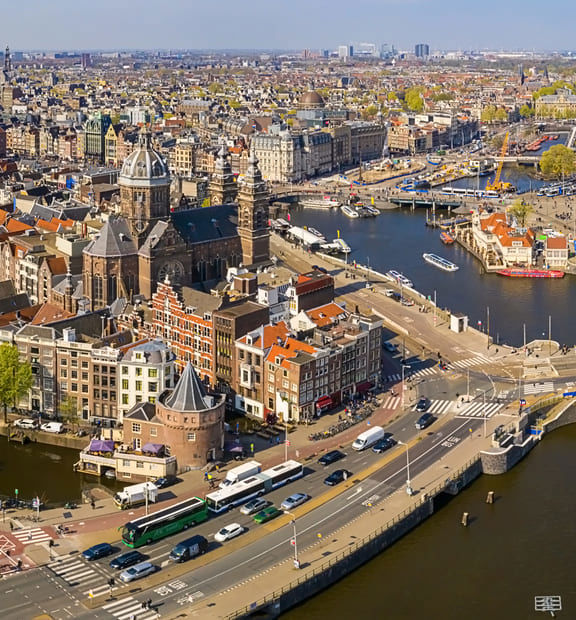 Aerial view of the traditional yet modern city of Amsterdam, in the Netherlands